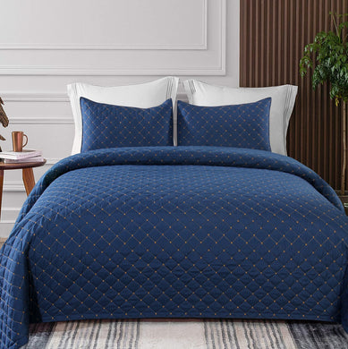 Chicago Ultrasonic Embroidery Quilted Bedcover Sets - Steel blue (7496134852772)